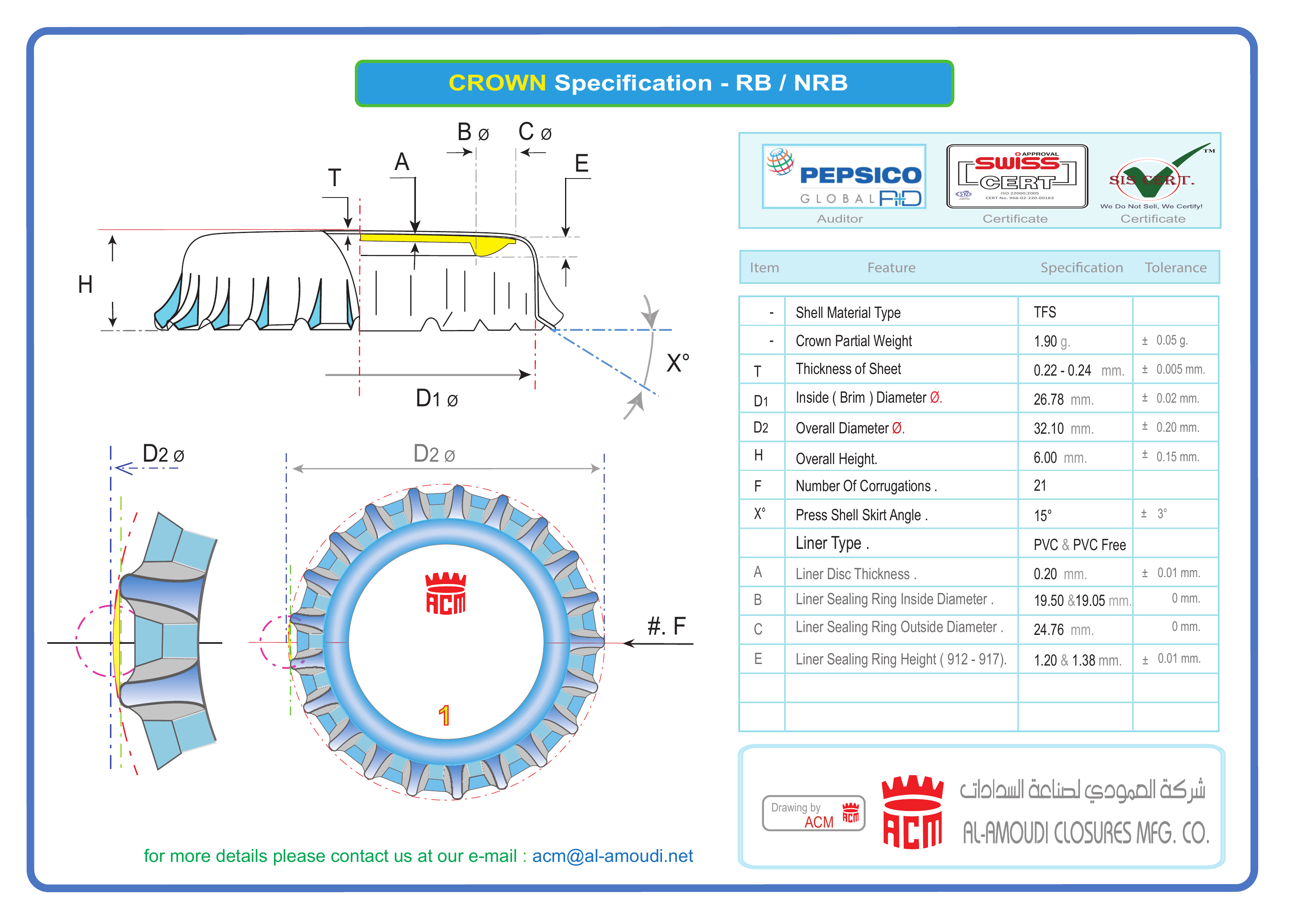 Crown cap specification drawing, RB and NRB, section and plan views with dimensional table