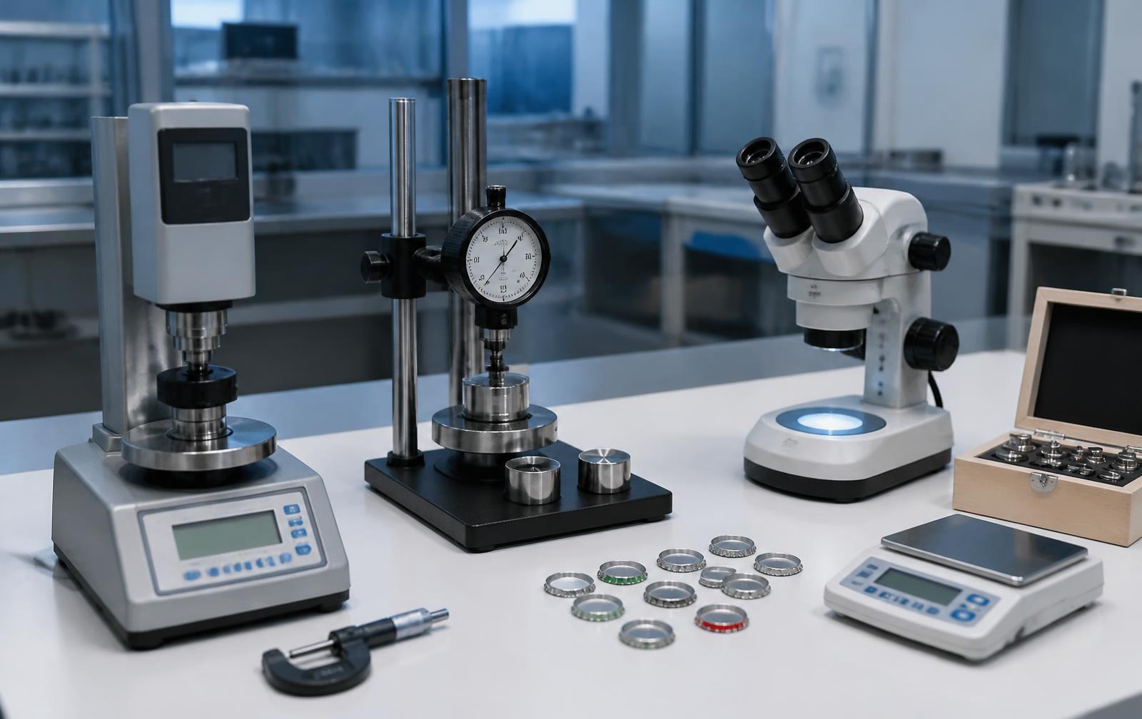 ACM quality control laboratory bench with torque tester and seal instruments